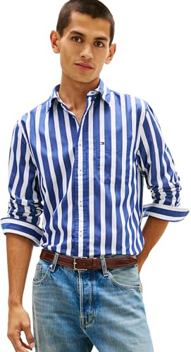 Tommy Hilfiger herr Flex Poplin Bold Stripe Shirt Mw0mw41715 L/S skjorta
