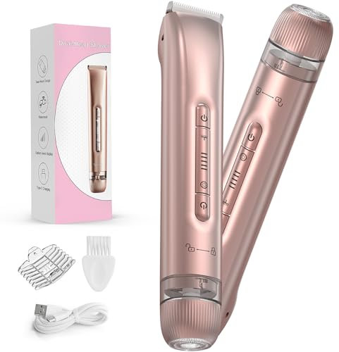 Elektrischer Bikinitrimmer für Damen, 2-in-1 Doppelkopf-Rasierer, IPX7 wasserdicht, nass und trocken, tragbare Rasierer für Haar, Gesicht, Augenbrauen, Schnurrbart, Bart, Arm, Bein, Mädchenrasierer