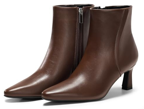 Coutgo Womens Ankle Boots Kitten Low Heel Closed Pointed Booties Side Zipper Winter Dress Shoes, Chocolate Brown, 6 UK