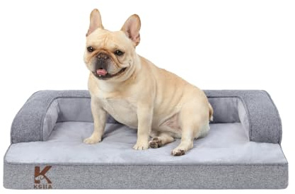 KSIIA Waterproof Dog Bed Medium Orthopedic Dog Sofa Bed with U-Shape Bolster, Removable Washable Cover and Non-Slip Bottom, Grey, 73x45x15cm