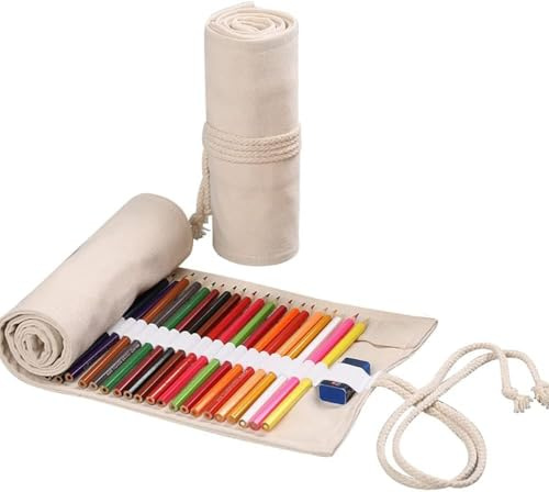 Estuche enrollable de lona de gran capacidad con 36 ranuras para lápices, estuche para lápices, soporte para rollo para lápices de colorear, lápices de color natural, estuches para lápices y