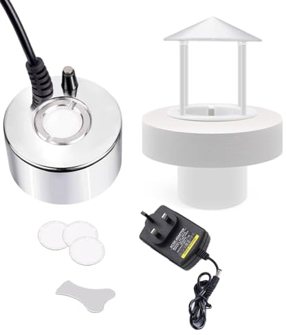 KINGYEENUO Niebla ultrasónica 350 ml/H, con protector antisalpicaduras, flotador y 3 discos de repuesto para acuario de Halloween, estanque, tanque de peces, carcasa de reptil, Rocky, fuente
