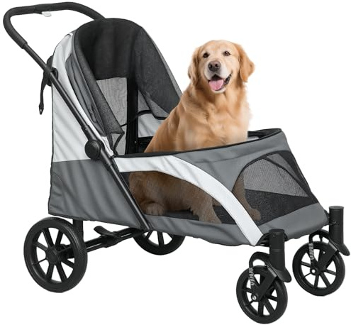 PawHut Carrito para Perros Plegable, Cochecito para Perros Grandes hasta 30 kg con Ruedas Grandes, Correas de Seguridad, Amortiguador, Cojín Lavable, Marco de Acero, Freno, 124x67x100 cm, Gris Oscuro