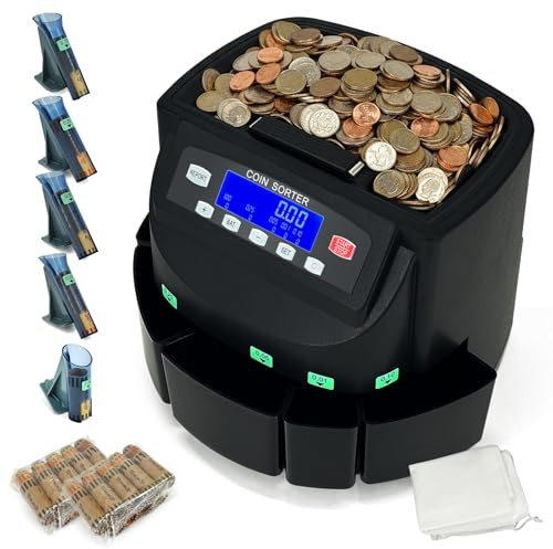 USD Coin Counter Machine with LCD Display,Coin Sorter and Wrapper Machine,Sorts 1￠5￠10￠25￠$1 up to 300 Coins/min,2000-coin Capacity,Business Grade,5 Bins&5 Tubes,Automatic Wrapper (Black)