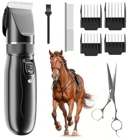 WhiffleTails Cordless Horse Clippers, 7.4V Low Noise Clippers for Horses | 7.4V motor cuts thick, matted coats and dense manes; under 60dB, 5h runtime, titanium ceramic blade, 4 guide combs 3-12mm