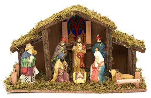 Carousel Home and Gifts Light Up LED Freestanding Christmas Nativity Set Scene Crib Stable With Figures