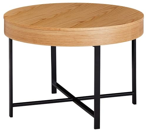 FineBuy Couchtisch Rund Ø 70 cm mit Stauraum - Skandinavisches Design Eiche – Moderner Wohnzimmertisch mit Metallgestell, Stabiler Lounge Sofatisch, Beistelltisch für Wohnzimmer