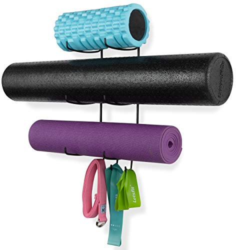 Wallniture Guru Support mural pour tapis de yoga à la maison avec bandes de résistance et support pour rouleau en mousse avec 3 crochets et 3 sections en métal Noir
