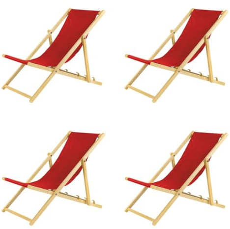 BAS Liegestuhl klappbar aus Holz - 4er Set rot Leichte Klappliege - Faltbare & verstellbare Sonnenliege für Garten, Strand & Balkon - Gartenliege mit Atmungsaktiv Stoffbezug - Mischgewebe