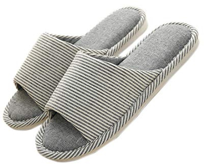 Cicilin Bekväma vardagliga bomullslin för kvinnor och män halkfria tofflor med öppen tå sandaler bomull spa resa hotelltofflor (grå 41/42 EU)