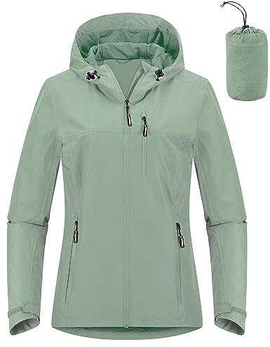 Outdoor Ventures Damen Regenjacke 10000MM Wasserdicht Leichte Gefüttert Packbar Sportjacke Funktionsjacke Atmungsaktiv Fahrrad Jacke mit Kapuze Mintgrün M