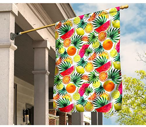 Bannière de fruits tropicaux, pastèque, citron, orange, feuilles de palmier, drapeau de jardin, bannière de jardin, décorations de cour pour fête en plein air par 70 cm x 102 cm