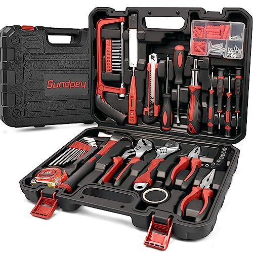 Sundpey Maletín de Herramientas 148 Piezas, Caja de Herramientas Doméstica con Destornillador de Trinquete, Llave Hexagonal, Alicates y Comprobador de Tensión para Hombres y Mujeres, Rojo