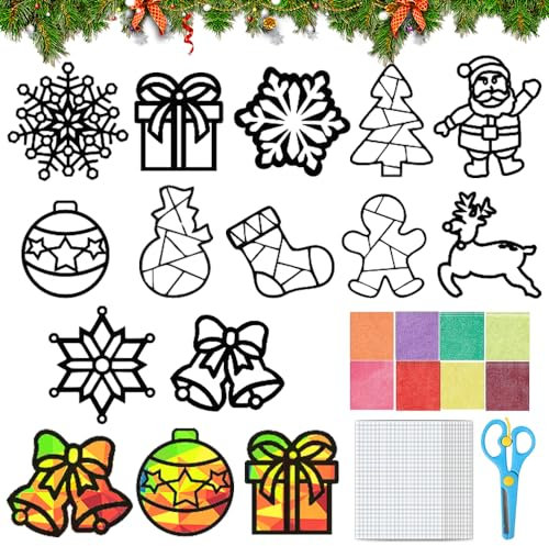Weihnachten Basteln Kinder, 12 Stück Fensterbilder, Sonnenfänger Bastelset, Bastelvorlagen, DIY Bastelset Geschenk