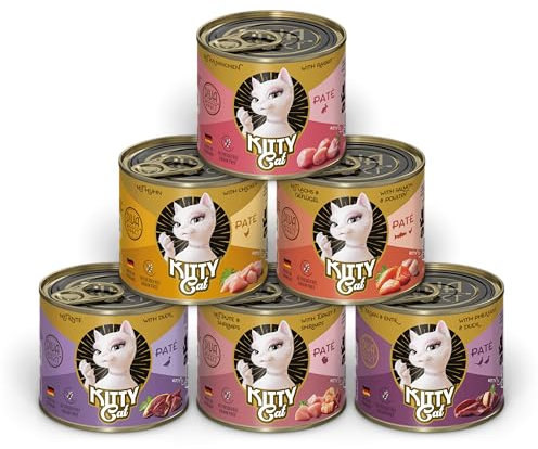 KITTY Cat Paté Mix 3, 6 x 200 g, Nassfutter für Katzen im Probierpaket, getreidefreies Katzenfutter mit Taurin, Lachsöl und Grünlippmuschel, Alleinfuttermittel mit hohem Fleischanteil, Made in Germany
