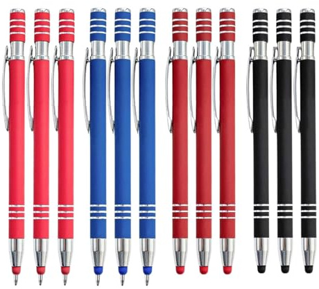 12 penne a sfera con touchpen, 4 colori 2 in 1 con penna touchscreen, pennino capacitivo e penna a sfera, multifunzione per tablet, smartphone touch screen