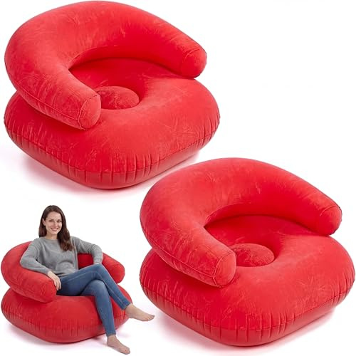 Threehoney 2 Pcs Inflatable Lounge Chair Deck Chair Lazy Sofa, Blow Up, Folding, Portable Couch for Home, Office Balcony, Floor Seating (Red)