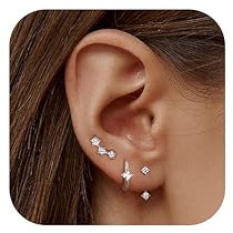 JeweBella 3 Paar Ohrringe Silber 925 Set für Damen 14 Karat Vergoldet Kleine Ohrstecker Stapelbar Zirkonia Creolen für Mehrere Piercings