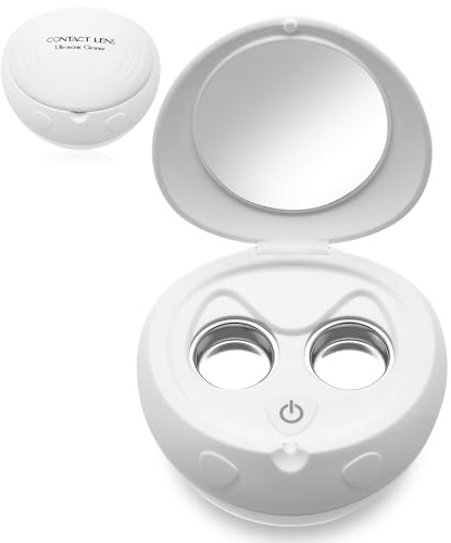 AMTAST Ultrasonic Contact Lens Cleaner Rechargeable Eye Contact Cleaner with Vanity Mirror Compact Contact Lens Cleaner Support Fast Cleaning Fits Hard, RGP, Orthokeratology Lens