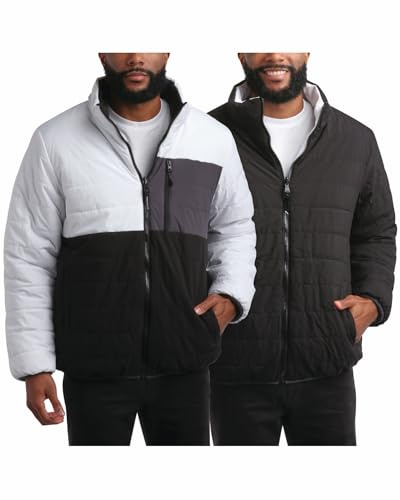 Perry Ellis Men's Puffer Jacket - Full Zip Up Reversible Color Block Hoodless Puffer Jacket for Men (S-XXL), Size X-Large, White Multi