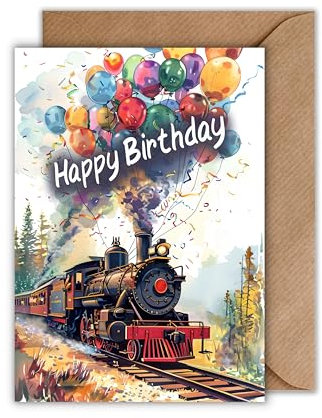 WBdesignz Geburtstagskarte für Eisenbahn-Fans mit Umschlag - Dampflok Ballons Glückwunschkarte farbenfrohe Eisenbahn Kinder Jungs Zug-Motiv verspielt (DIN A6)