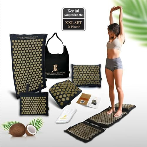 KENJUL Esterilla de acupresión XXL (6 piezas) con cojín ergonómico y función de calor, masaje de cuerpo completo para aliviar la tensión, dolor de espalda y cuello, incluye bolsa e instrucciones