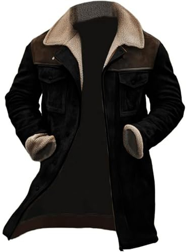 Trench long pour homme avec doublure en polaire Sherpa - Veste en cuir - Veste d'hiver chaude et rembourrée - Doudoune - Marron - Vestes Trench - Manteaux de travail classiques et élégants - Pardessus