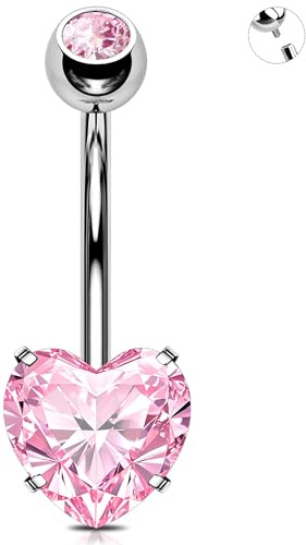 OUFER 14G Cuore Piercing Ombelico Internamente Filettato Barra Piercing Navel Titanio G23 Piercing Ombelico Anello CZ Rosa 12 mm