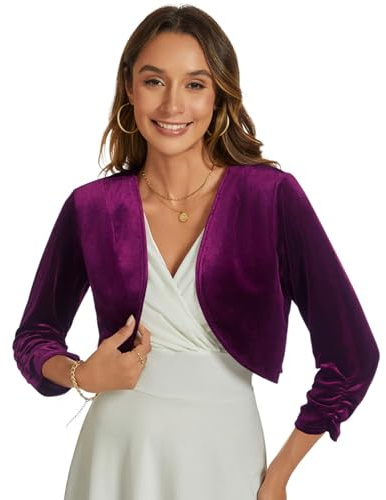 YOUNIFIZ - Cárdigan de bolero con manga de 3/4 para mujer, de terciopelo, con abertura frontal, sastre, para cóctel y fiesta, Morado (, S
