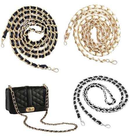 SNONESIY 3 Stück Taschenkette 120cm Handykette Gold,Kette Metall Taschenkette Gold,Kette für Tasche mit Schnallen,Handtasche Kette,für Damen Handtaschen Umhängetasche Geldbeutel(Gold,Schwarz)