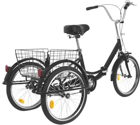 BYUAK vikbar trehjuling för vuxna, 20 tum en växel lastcykel, 3 hjul cykel vuxna med shoppingkorg, city shoppingcykel cargocykel för vuxna seniorer och kvinnor (svart)