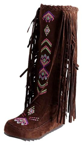 Generisch 2025 Botas occidentales para mujer con flecos, cierre bordado, flecos, hasta la pantorrilla, hasta la rodilla, botas planas, botas largas de nieve con borla, talla 44, marrón, 37 EU