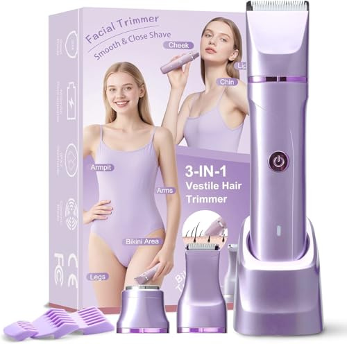 Bikini Trimmer Women - 3 in 1 Painless Lady Shavers for Women for Silk Skin,Rechargeable Electric Shaver for Bikinis Legs Pubic Hair,Replaceable Ceramic Blade,IPX7 Waterproof Easy Cleaning