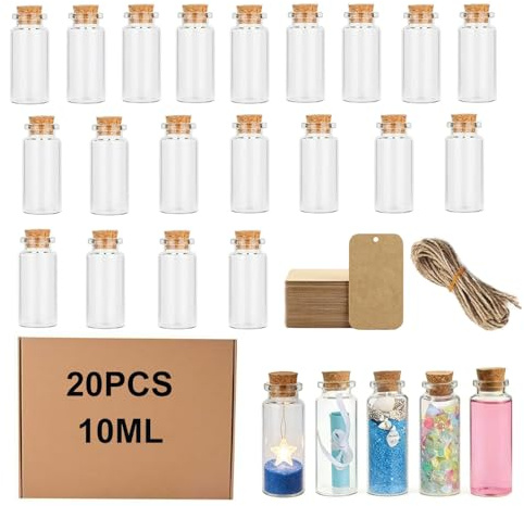 GAYSHI 20 mini botellas de cristal con corcho + etiquetas + cordel, pequeños tubos de ensayo transparentes para rellenar para manualidades, regalos, bodas, decoración de fiestas, almacenamiento de