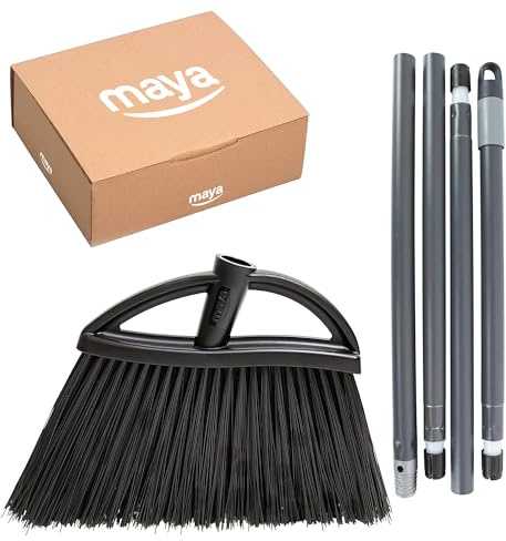 Maya - Kit Escoba Angular para Exteriores + Palo Desmontable con 4 Secciones (1,4 m) para Césped Artificial y Terrazas, Set de Limpieza del Hogar 2 en 1. Cepillo con Cerdas Duras