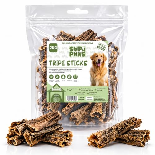 Supa Paws 2Kg Buffalo Beef Tripe for Dog, 100% Natural Air Dried Dog Chews, High Protein & Low Fat Beef Sticks Pet Treats Good for Teeth and Gums Dog Treats Snacks Breeds & Size