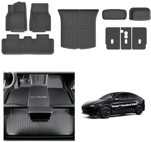 [9 st.] GAFAT Ny Tesla Model Y Standard 2026 2027 Juniper Golvmattor + Bagagemattor Full Uppsättning, TPE-Allväder Gummimattor Tillbehör för Golv & Baksäten & Bagageutrymme, Hög Kant 3D OEM Original