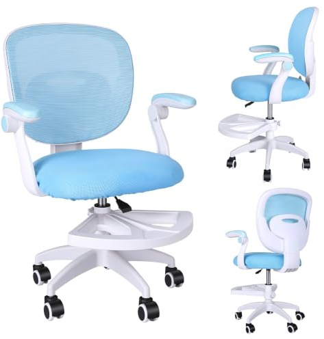 fiakoais Kids Desk Chair, Height Adjustable Swivel Study Chair with Flip Armrests, Built-In Footrest, Ergonomic Backrest, Cushioned Seat, Metal Plastic Frame for Home, Classroom, Nursery (Blue)