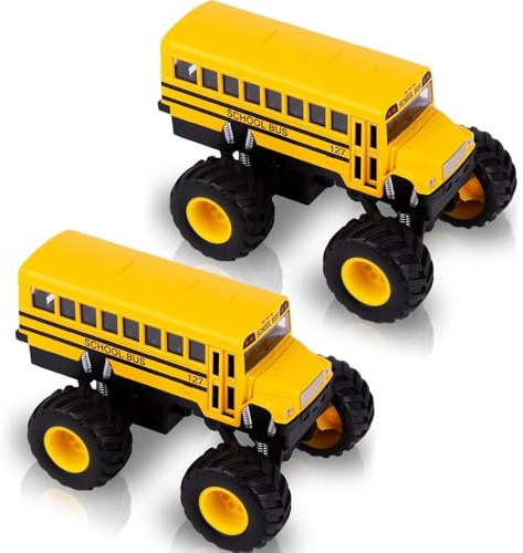 ArtCreativity 5 Inch Pull Back School Bus Toy Set - Set of 2 - Includes 5 Inch Monster-Wheel Bus, Diecast Playset with Pull Back Mechanism, Great Gift Idea for Kids