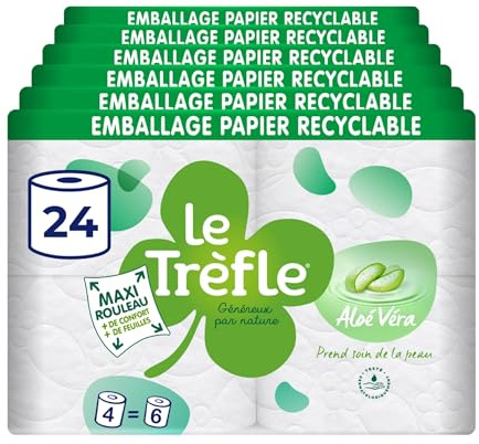 Le Trèfle Aloé Véra - Papier toilette - 24 maxi rouleaux = 36 rouleaux classiques – Moelleux triple épaisseur – Lotion Aloé Véra