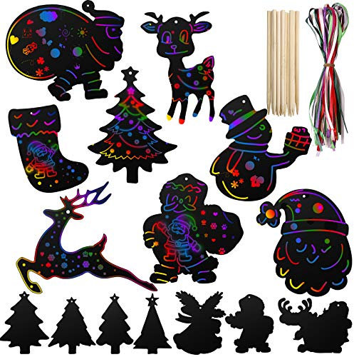 Kratzbilder Weihnachten Set, Vintoney 132 Stück kratzbild Bastel Kunst Set lesezeichen für Weihnachtsdekoration Weihnachten Anhänger Weihnachtsbaum für kinder jungen erwachsene