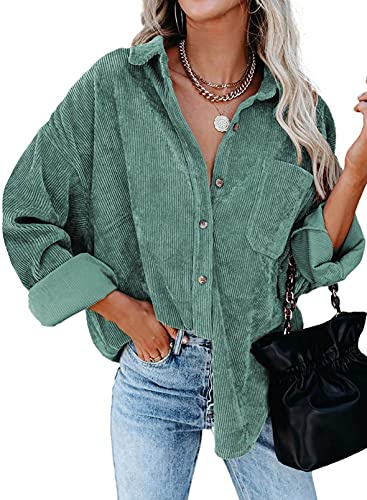 Necooer Chemise Boyfriend à manches longues en velours côtelé pour femme, vert, XL