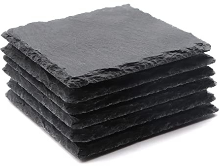 6 Pack Square Slate Drink Coasters, VIBRATITE 4 Inch Black Slate Stone Coasters Bulk Cup Coaster Laser Engraving Blanks with Anti-Scratch Bottom for Drink Coffee Bar Kitchen Home Decor