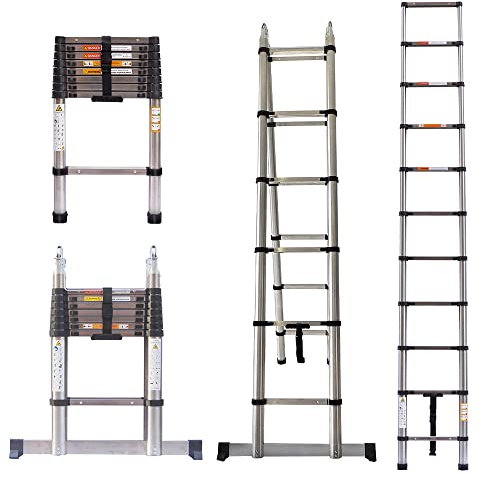 Telescopic Extension Ladder 3.8M/12.5FT Portable Folding Telescopic Extendable 13 Steps Non-Slip Straight Ladder, 330lb Capacity, EN131 and CE Standard