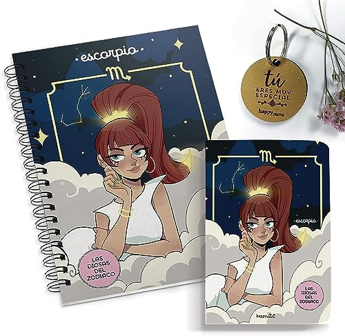 HappyMots - Pack Presentförpackning Horoskop | A5 anteckningsbok + A6 anteckningsbok + nyckelring Du är speciell | Zodiac Sign: SCORPIO | Original gåva att överraska
