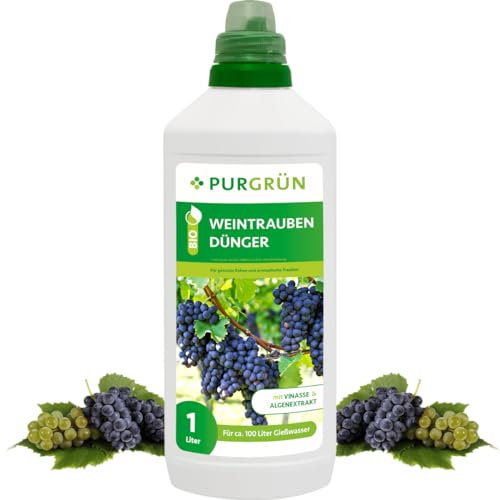 Purgrün® Bio-Weintrauben-Dünger 1 Liter – Organische Rezeptur – Premium-Flüssigdünger – NPK 4+1+7 – Mit Algenextrakt & Vinasse – Extra Kalium für aromatische Trauben – Ohne tierische Inhaltsstoffe
