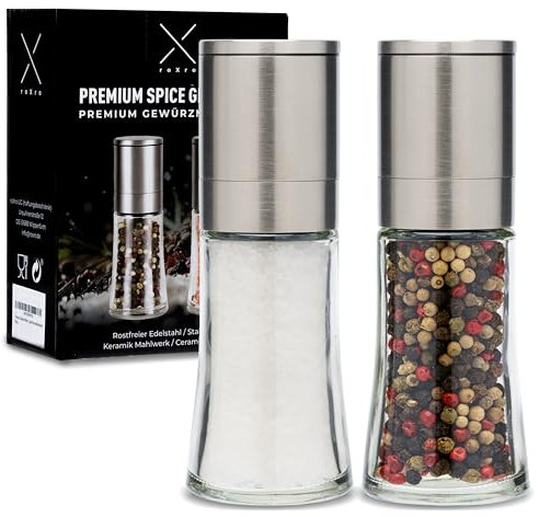 roXro Premium Salz- und Pfeffermühle 2er Set | Stufenlos Verstellbares Keramikmahlwerk | Hochwertiges Edelstahl Gewürzmühlen Set für Salz, Pfeffer & viele weitere Gewürze | Salt & Pepper Grinder
