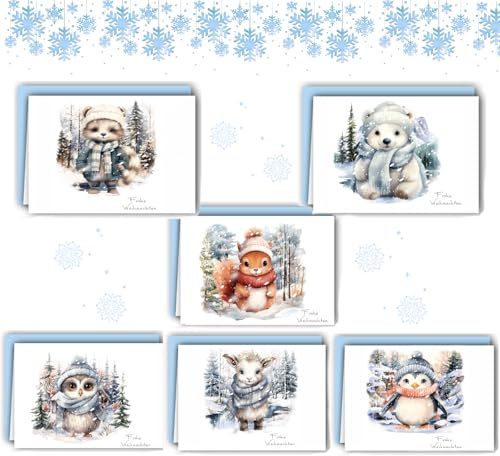 12 tarjetas navideñas plegables con sobres, set de postales A6, serie acuarela de animales del bosque, con saludos navideños, tarjeta navideña para familia y amigos (alemán)