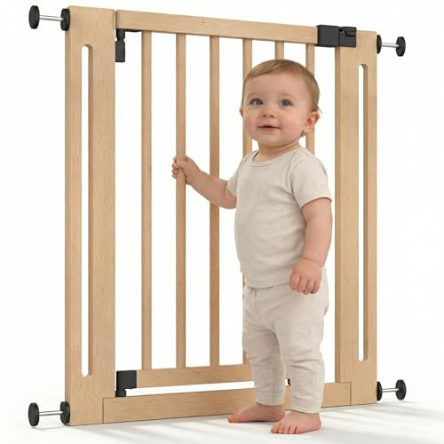Safetots Barrière Élégante en Bois Naturel, Barrière de Sécurité à Fixation par Pression, Barrière pour Escaliers, Couloirs et Portes, 71cm - 79cm