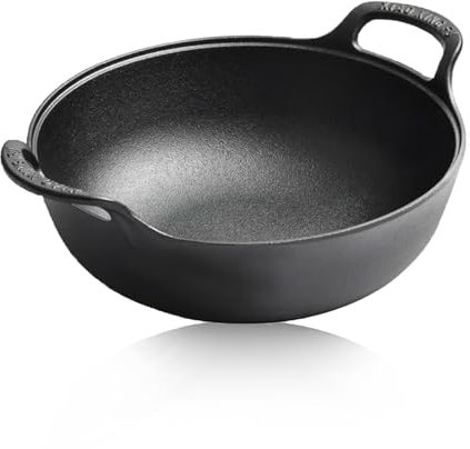 Refein Cast Iron Wok Non Stick, 30cm Induction Wok Large Capacity Deep Frying Pan with Thickened Flat Bottom, Professional Cast Iron Cookware Cooking Pot for Stir-Fry, Grilling, Cooking and Steaming